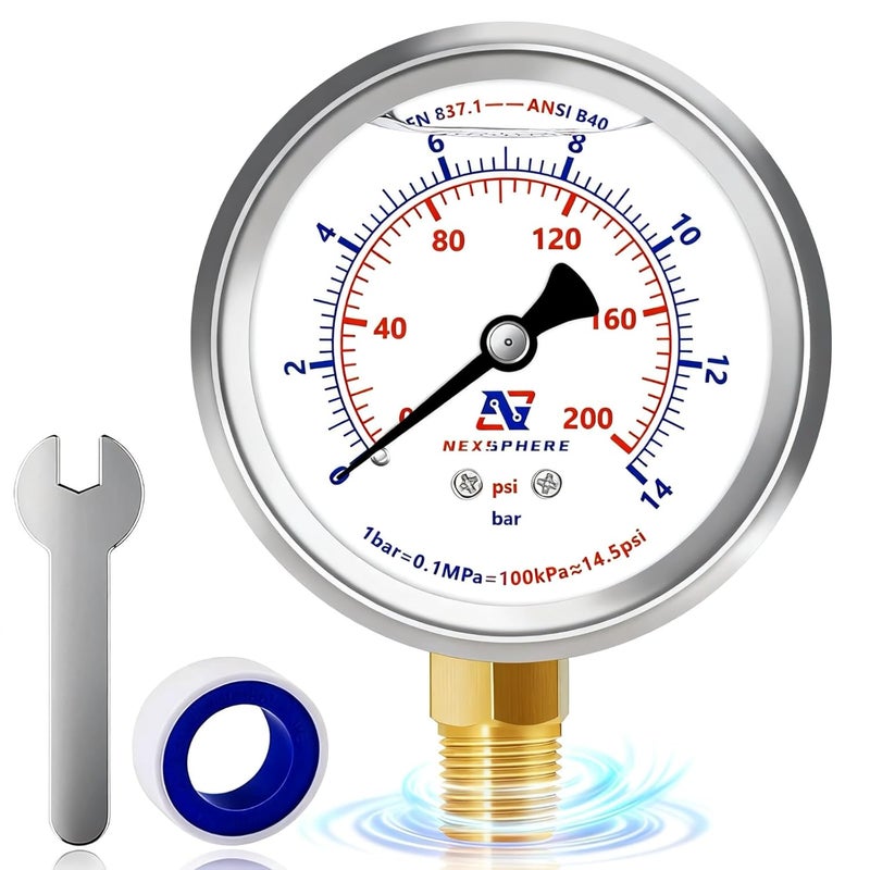 NexSphere 2-1/2" Liquid Filled Pressure Gauge, 0-200 PSI/0-14 Bar, 304 Stainless Steel Case, 1/4" NPT Lower Mount, Brass Connection, Manometer, IP67 Waterproof Air, Oil & Water Pressure Gauge - Image 1